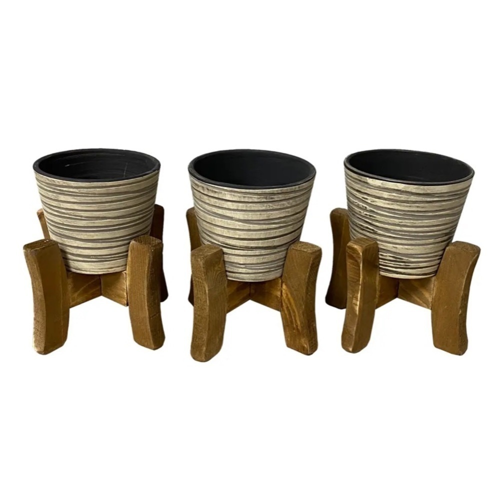 𝅺SET of 3 Pots with Wood Stands
